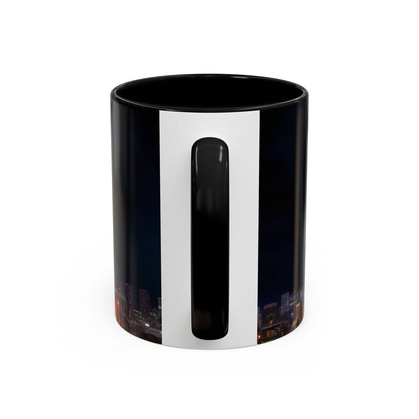 Crimson Circus Tent Accent Coffee Mug (11, 15oz) – Neon Nightscape Under Thunderclouds