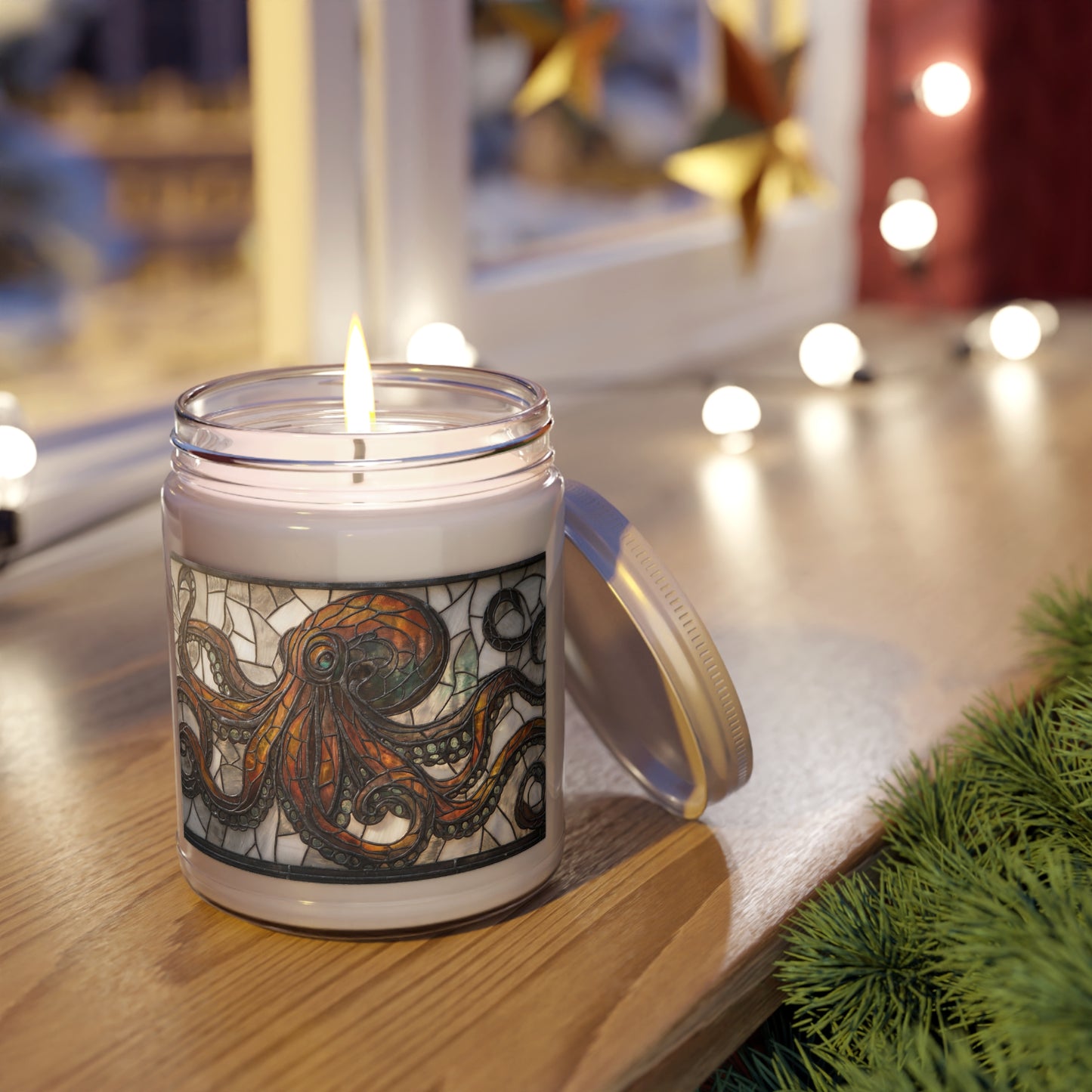 Stained Glass Octopus Scented Soy Candles with White Lid, 9oz – Deep Sea Cathedral Light