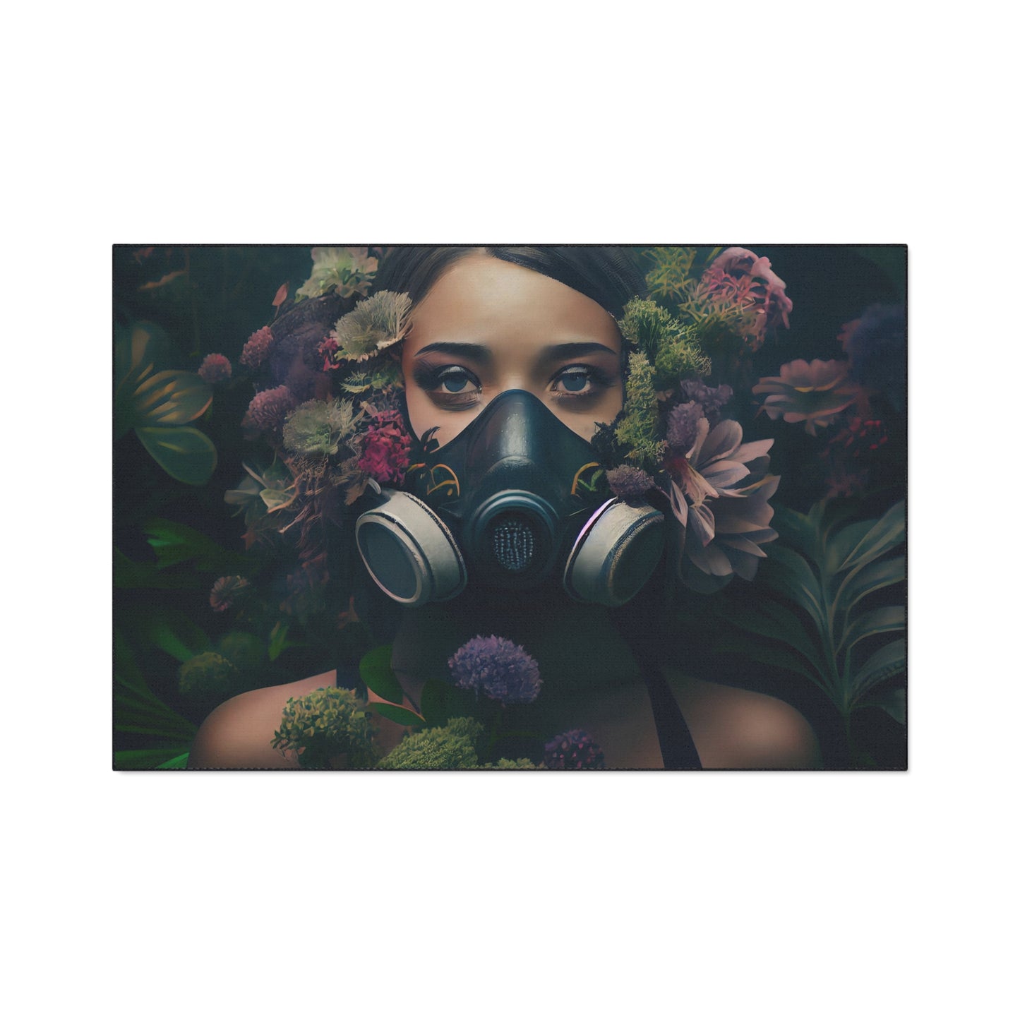 a beautiful woman wearing a gas mask filled with plants and flowers and moss - Heavy Duty Floor Mat