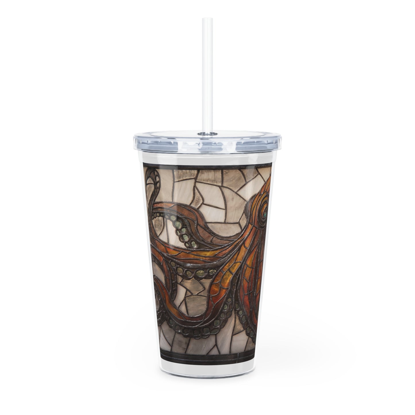 Stained Glass Octopus Tumbler with Straw – Amber Depths & Iron Lace