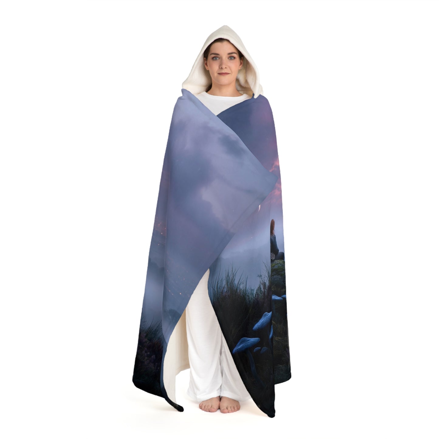 Moonlit Mycophile Hooded Sherpa Fleece Blanket – Whispering Forest Twilight