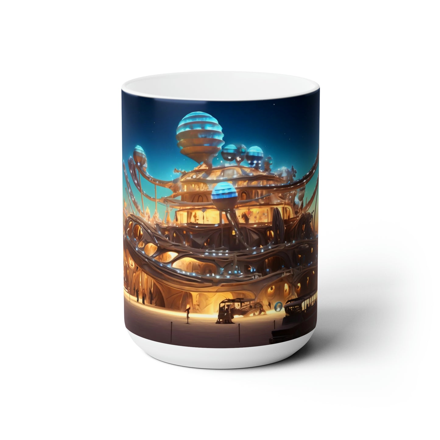 a floating island dominating the skyline of the Burning Man festival, casting an otherworldly aura over the ephemeral city.  - Ceramic Mug 15oz