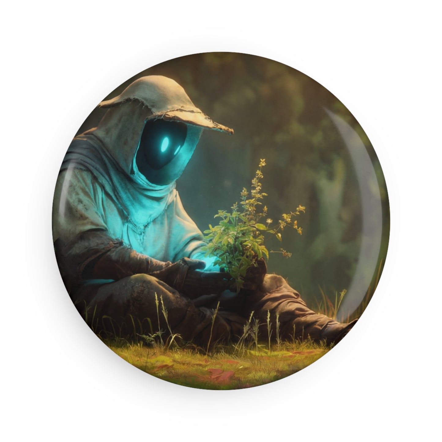Forest Sentinel Button Magnet, Round (1 & 10 pcs) – Cyan-Glowing Guardian in Sunlit Grove