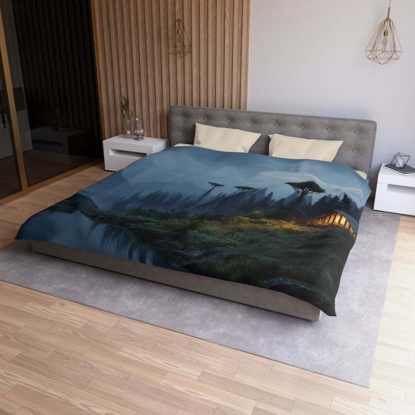 Moonlit Cabin Duvet Cover – Whispering Peaks & Silent Waters
