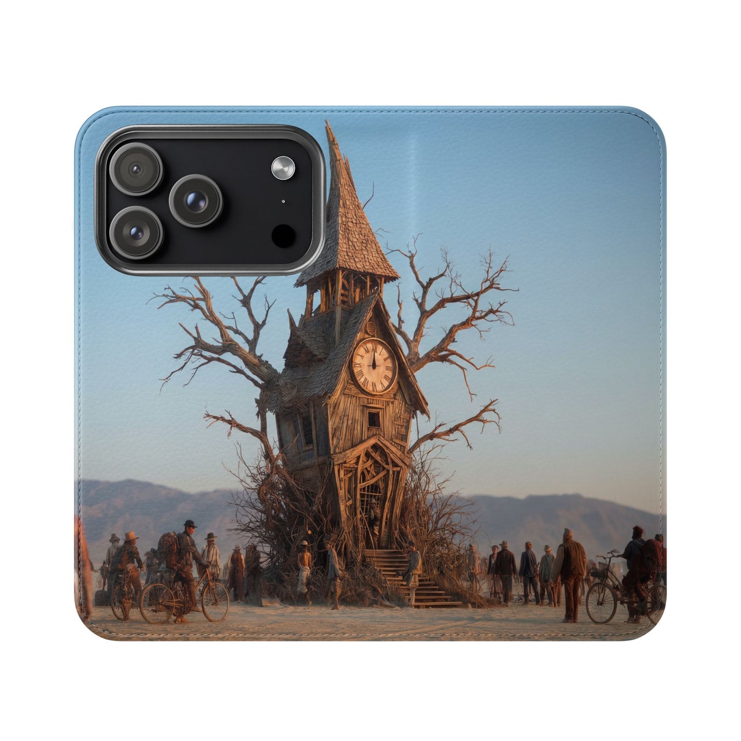 Clocktower Wanderers Flip Cases – Dusty Desert Sentinel Scene