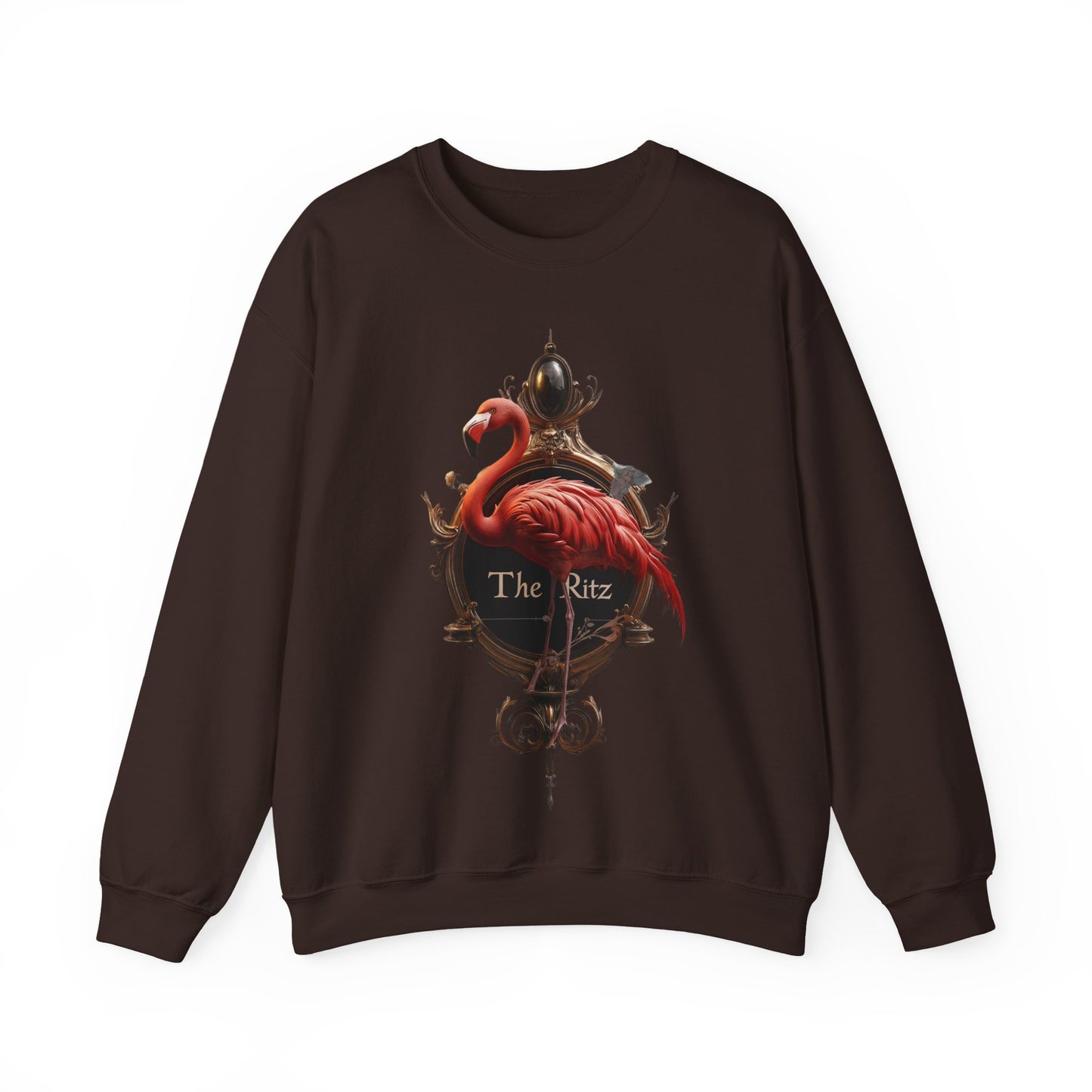 The Ritz Flamingo Unisex Heavy Blend™ Crewneck Sweatshirt – Ornate Gold Frame with Crimson Bird and Whimsical Sentinel