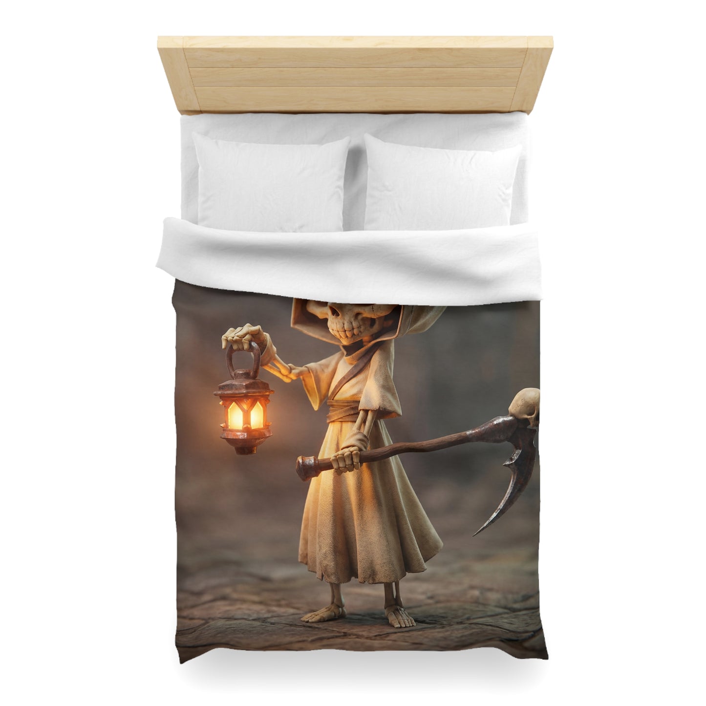 Lantern-Bearing Reaper Microfiber Duvet Cover – Warm Glow Through Twilight Shadows
