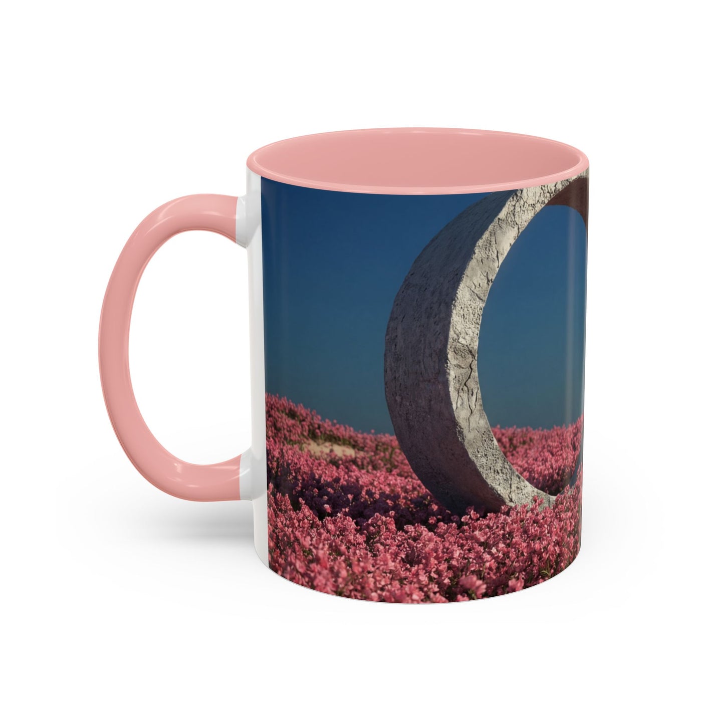 Stone Ring Garden Bloom Accent Coffee Mug – Cracked Concrete Portal in Pink Wildflowers