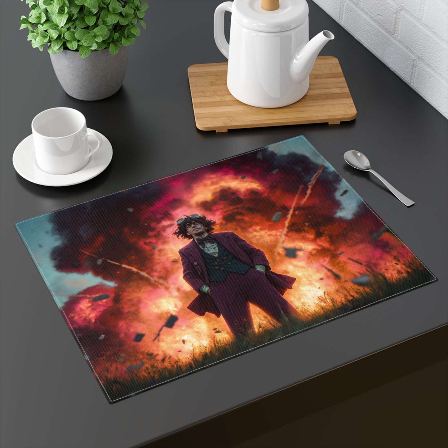 Crimson Explosion Placemat – Unflinching Gaze Amidst Fiery Ruin