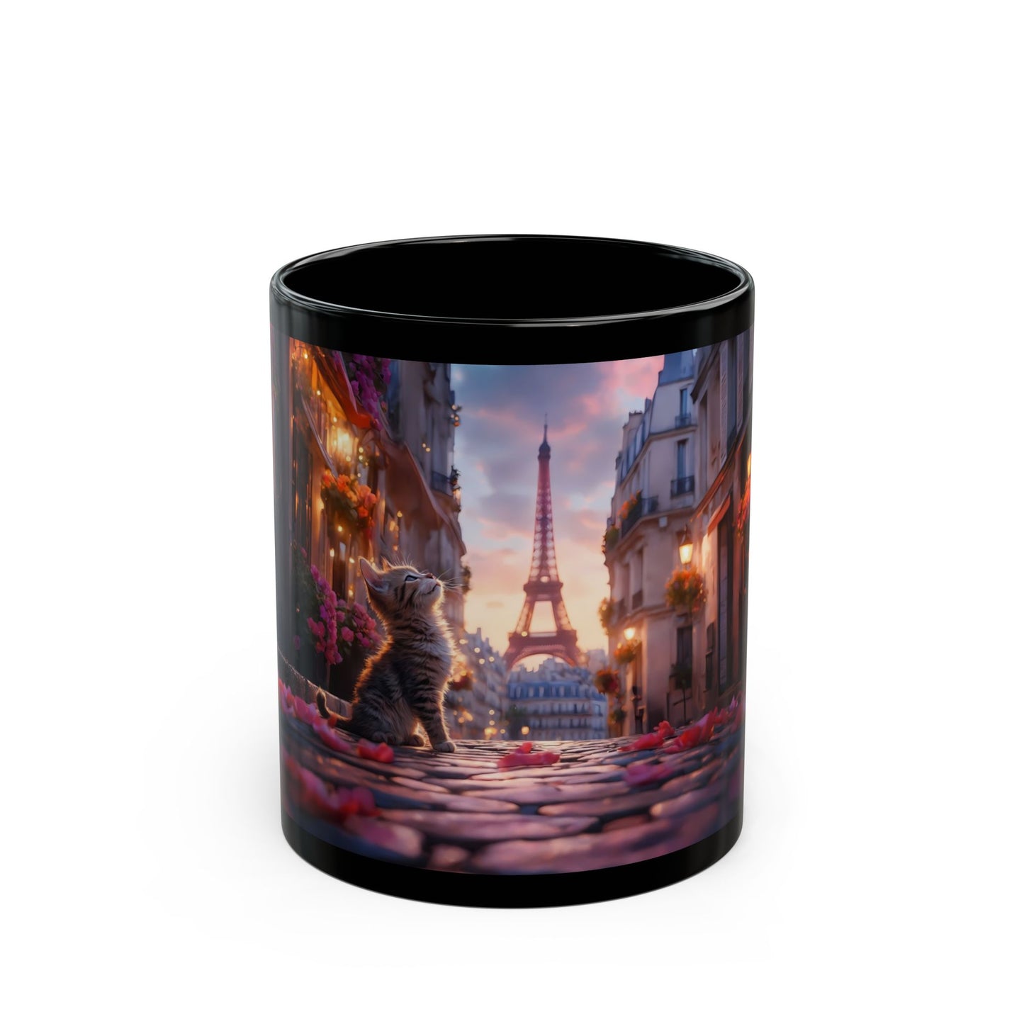 Parisian Cat Street Mug – Sunset Eiffel Tower Whisker-Wish