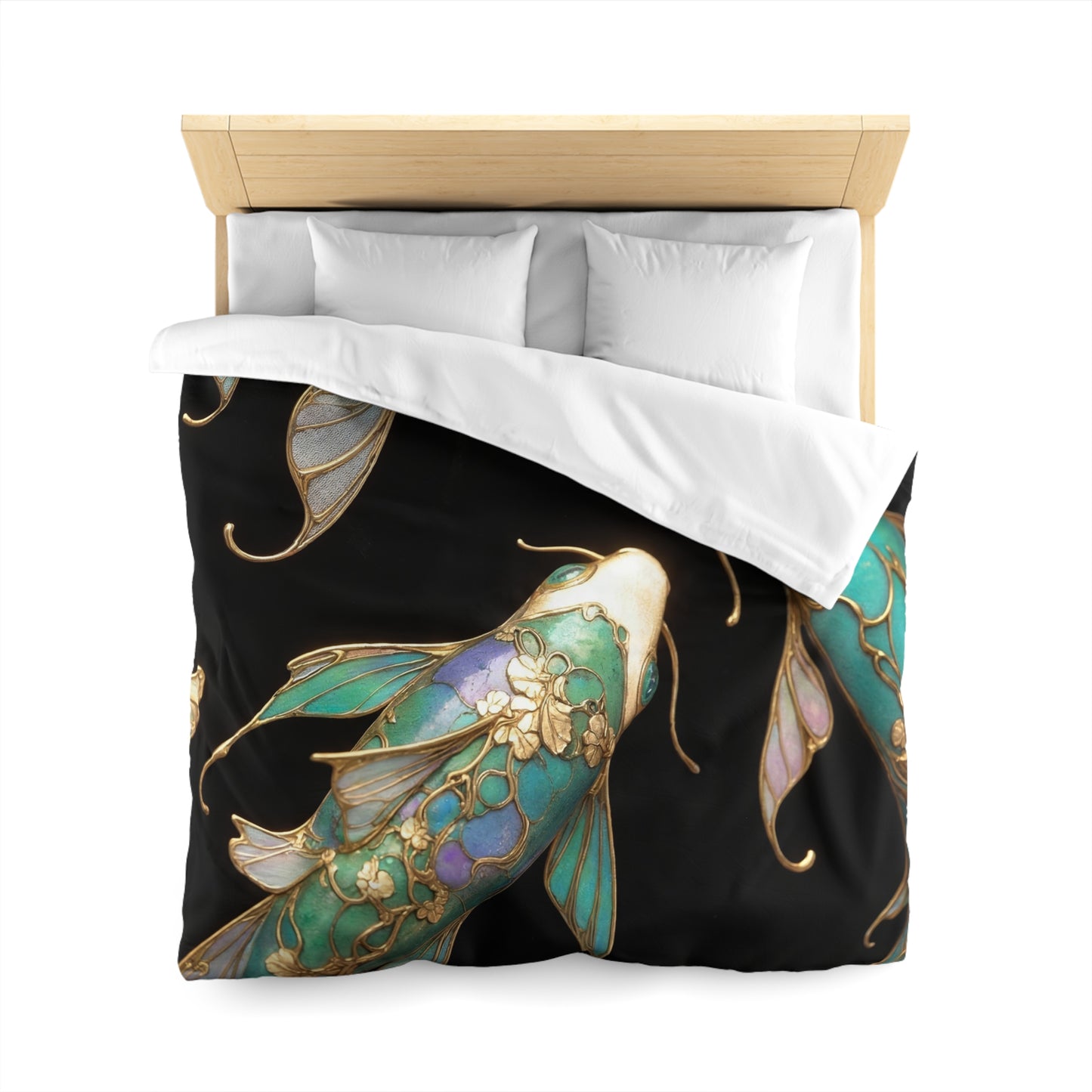 Art Nouveau Koi Microfiber Duvet Cover – Liquid Light in Midnight Depths