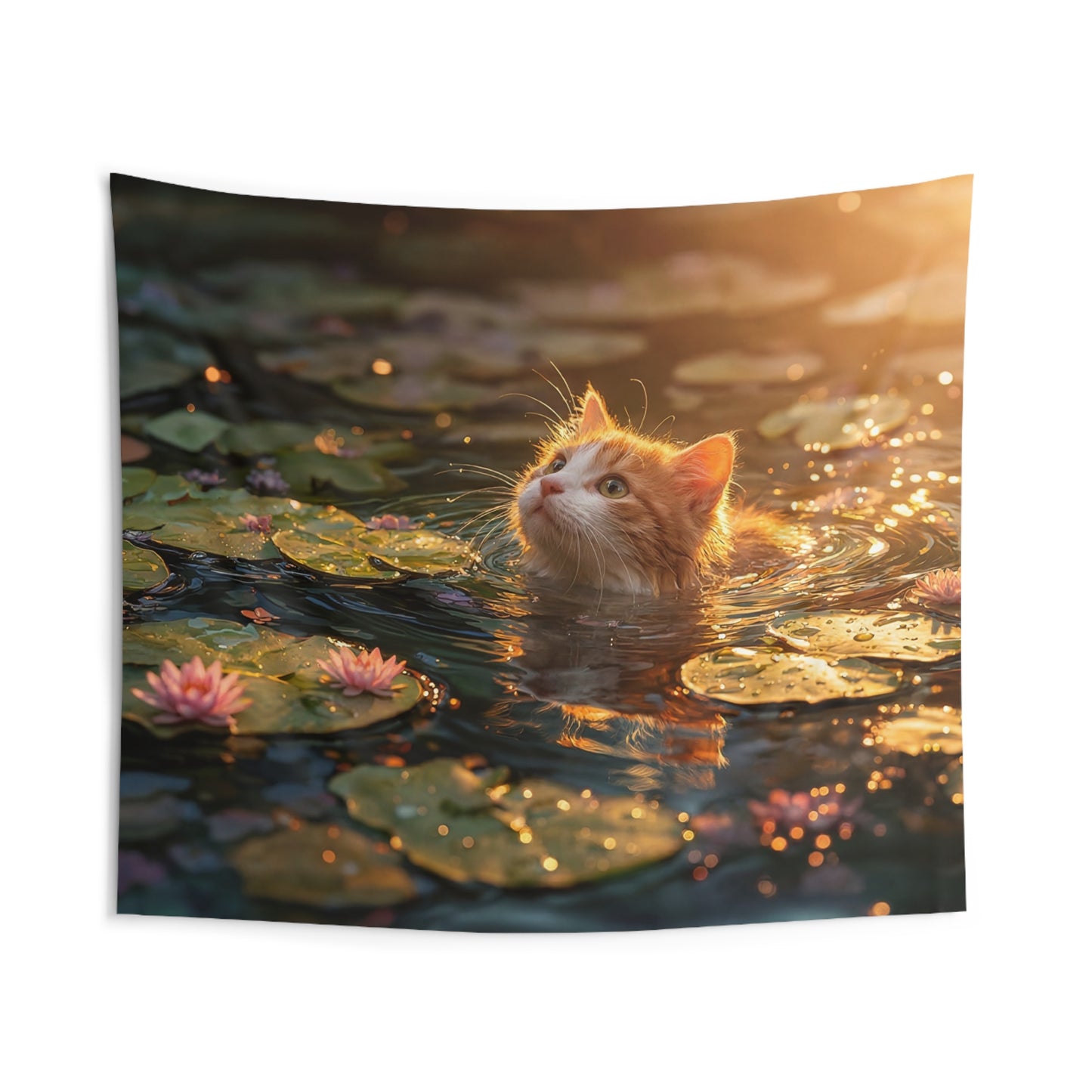 Sunlit Cat in Lotus Pond Indoor Wall Tapestries – Golden Hour Serenity