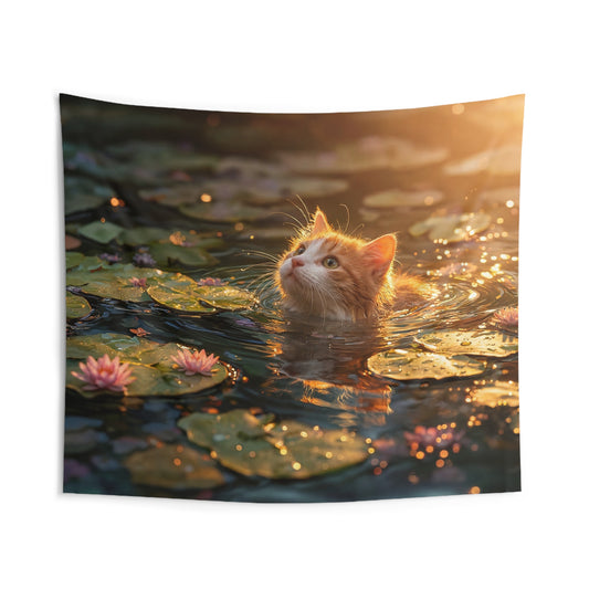 Sunlit Cat in Lotus Pond Indoor Wall Tapestries – Golden Hour Serenity