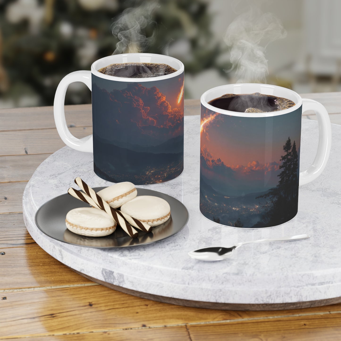Celestial Fireball Ceramic Mugs (11oz\15oz\20oz) – Skyfall Over Mountain Twilight