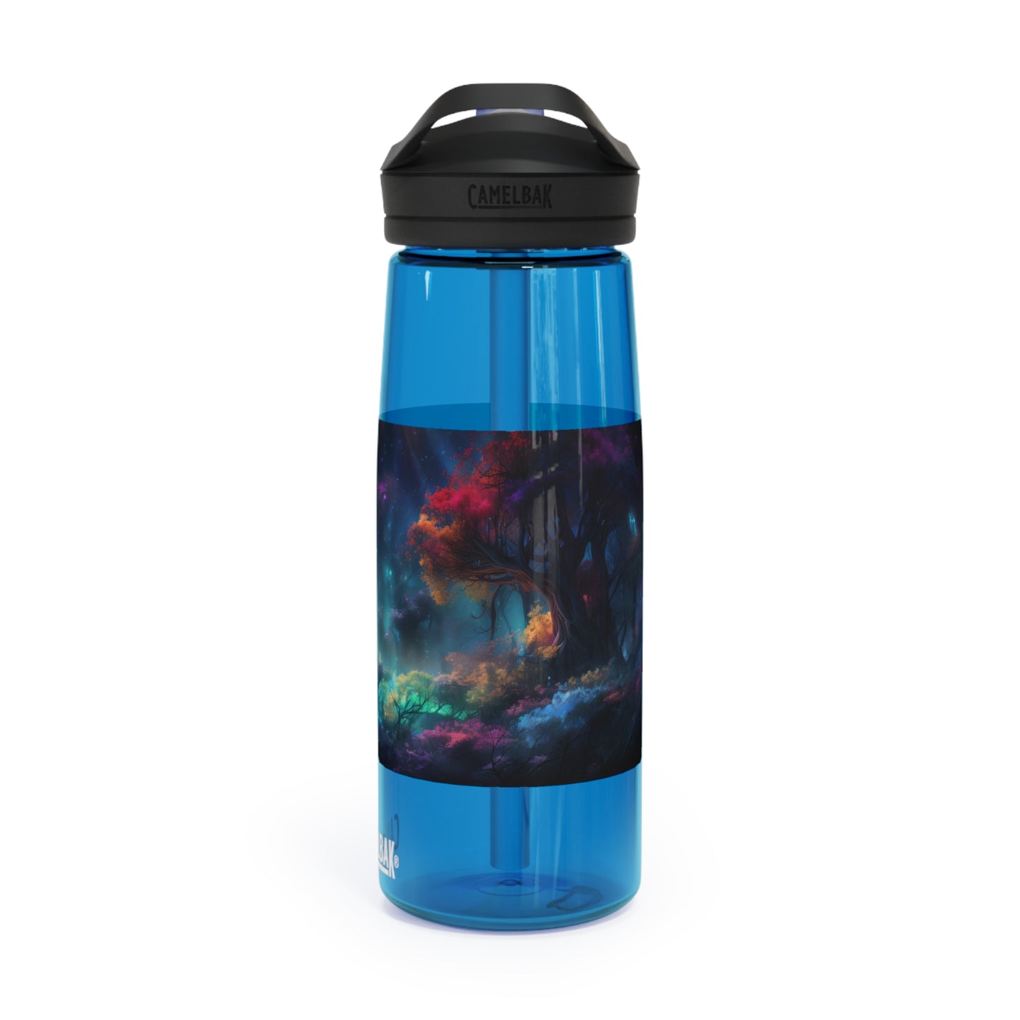 Panoramic digital art of an alien planet's mesmerizing bioluminescent forest, the towering trees adorned with glowing foliage in vivid shades of blue - CamelBak Eddy®  Water Bottle, 20oz\25oz