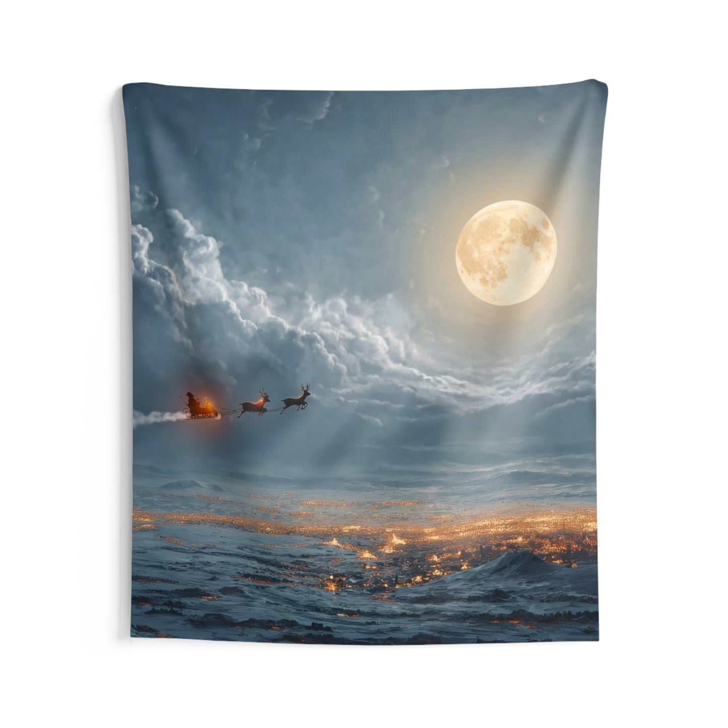 Moonlit Sleigh Ride Indoor Wall Tapestries – Winter’s Silent Journey Over Snow-Covered Town
