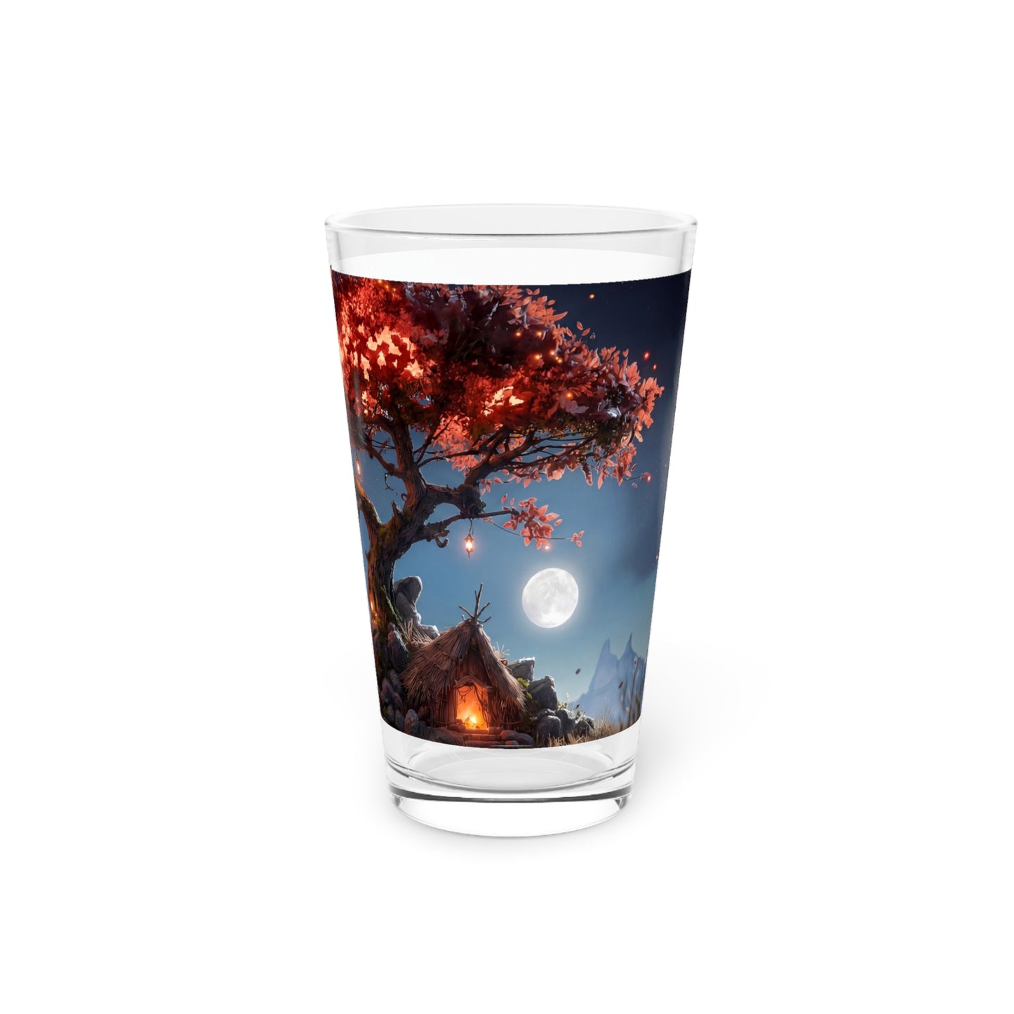 Whispering Ember Tree Pint Glass, 16oz – Moonlit Sanctuary Under Crimson Canopy