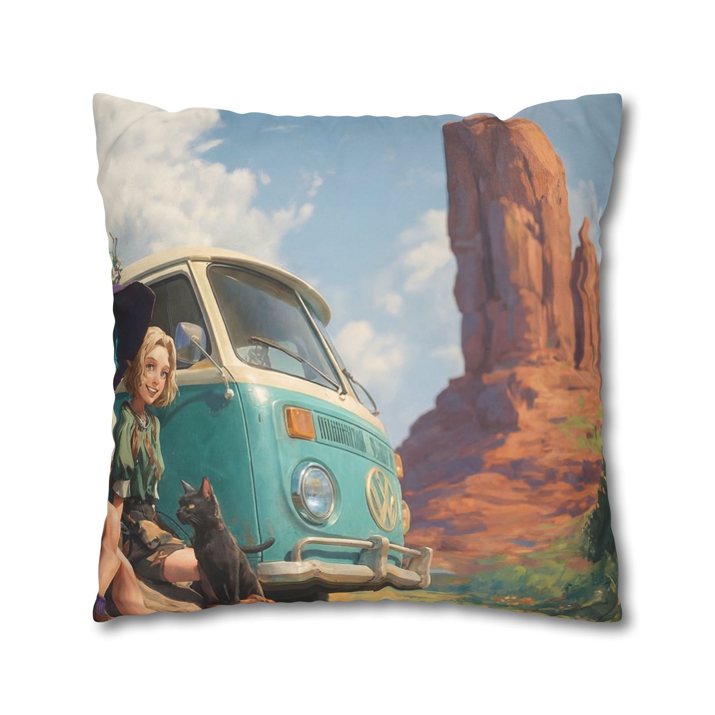 Wagon Ride Faux Suede Square Pillowcase – Desert Camper Adventure Scene