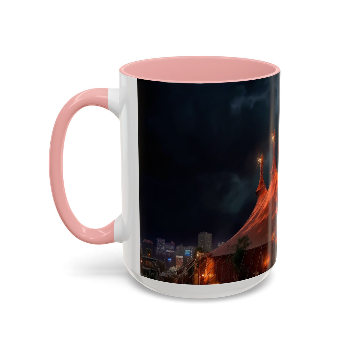 Crimson Circus Tent Accent Coffee Mug (11, 15oz) – Neon Nightscape Under Thunderclouds