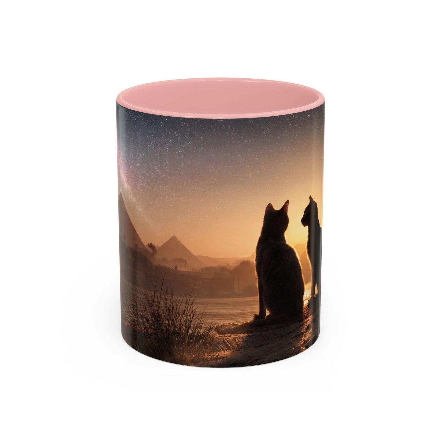 Starry Nile Guardian Cats Accent Coffee Mug (11, 15oz) – Ancient Pyramids Milky Way