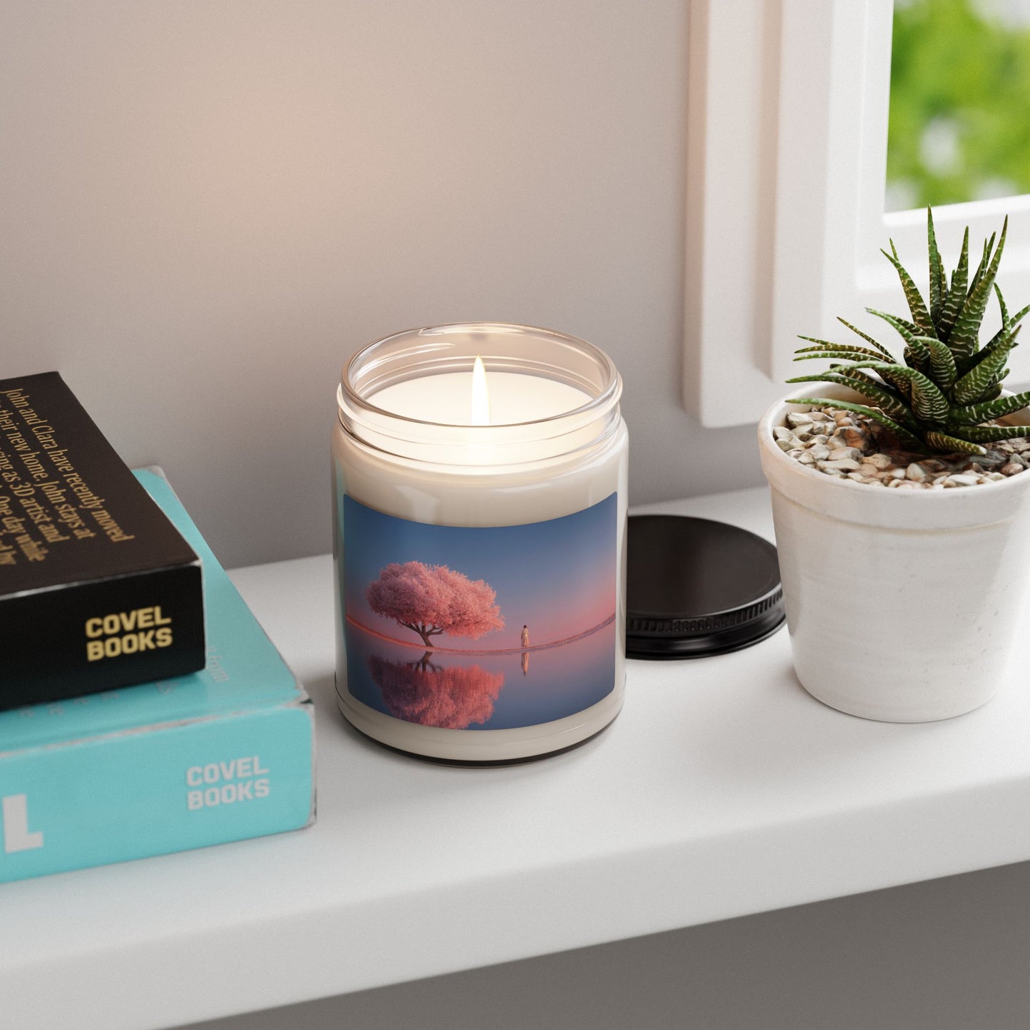 Solitary Pink Blossom Candle – Twilight Reflections in Still Water