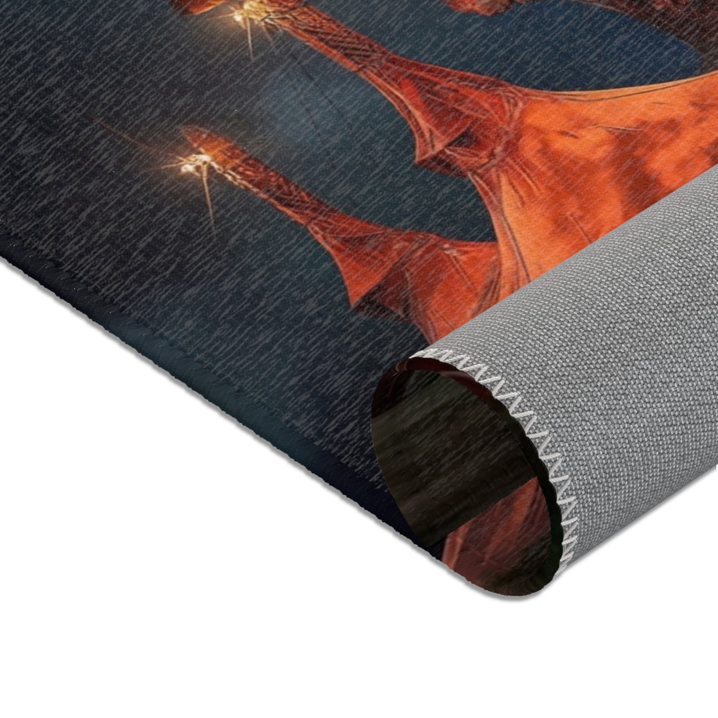 Crimson Carnival Tent Rug – City Skyline Under Thunderous Canopy