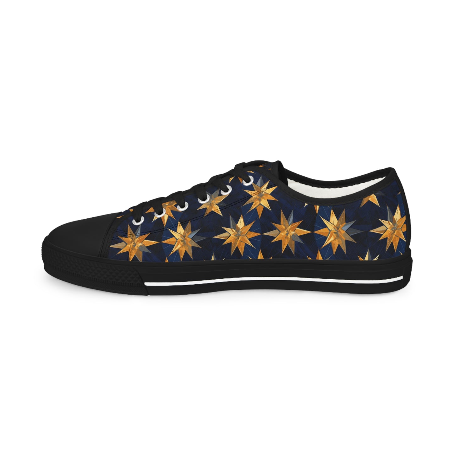 "A kaleidoscopic pattern of geometric star formations radiating from a central point, using a palette of deep sapphire, smoky quartz, and dark citrine hues." - Men's Low Top Sneakers