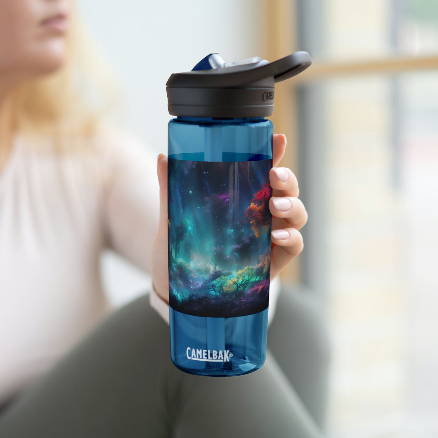 Panoramic digital art of an alien planet's mesmerizing bioluminescent forest, the towering trees adorned with glowing foliage in vivid shades of blue - CamelBak Eddy®  Water Bottle, 20oz\25oz