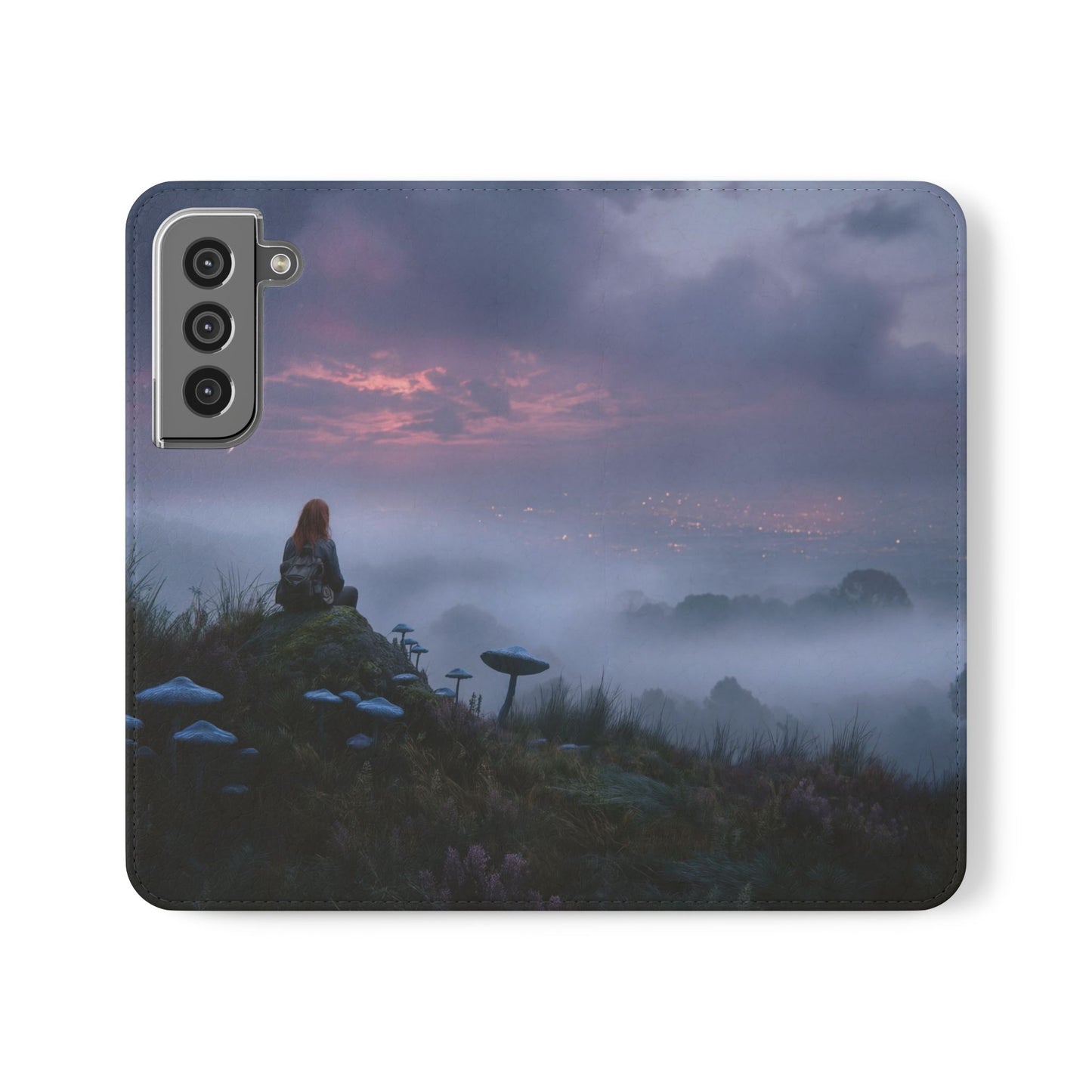Misty Hilltop Flip Cases – Red-Haired Wanderer at Twilight