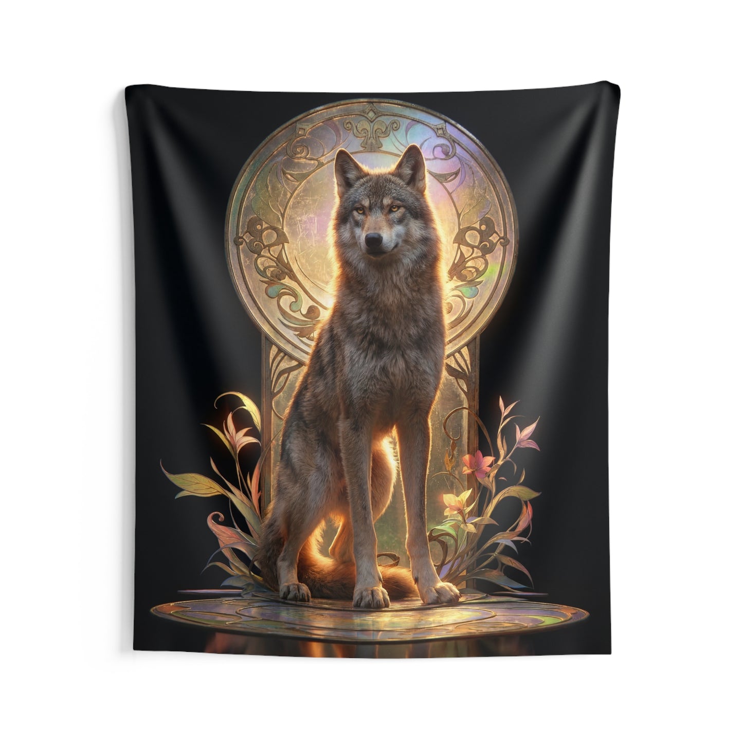 Regal Wolf Throne Tapestry – Golden Light Through Art Nouveau Arch