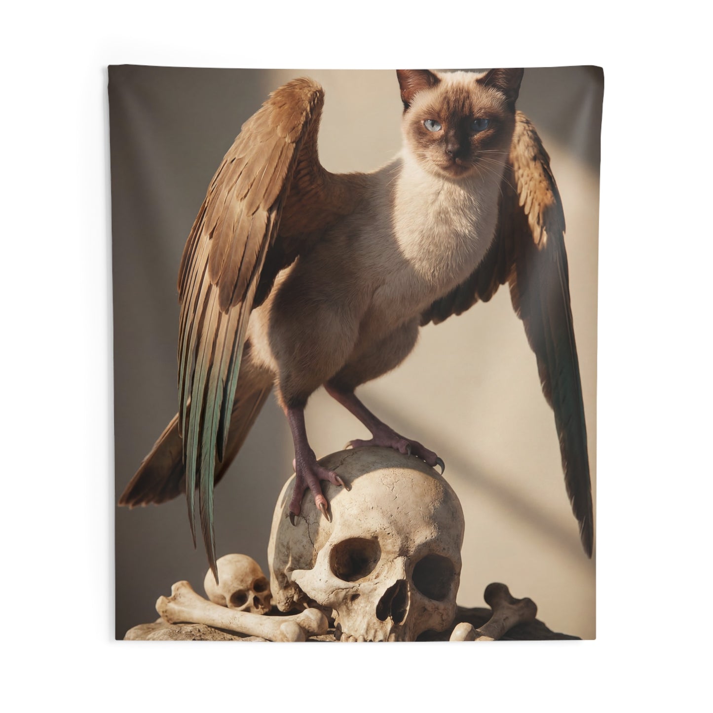 Winged Siamese Cat Wall Tapestry – Sunlit Guardian of Bones