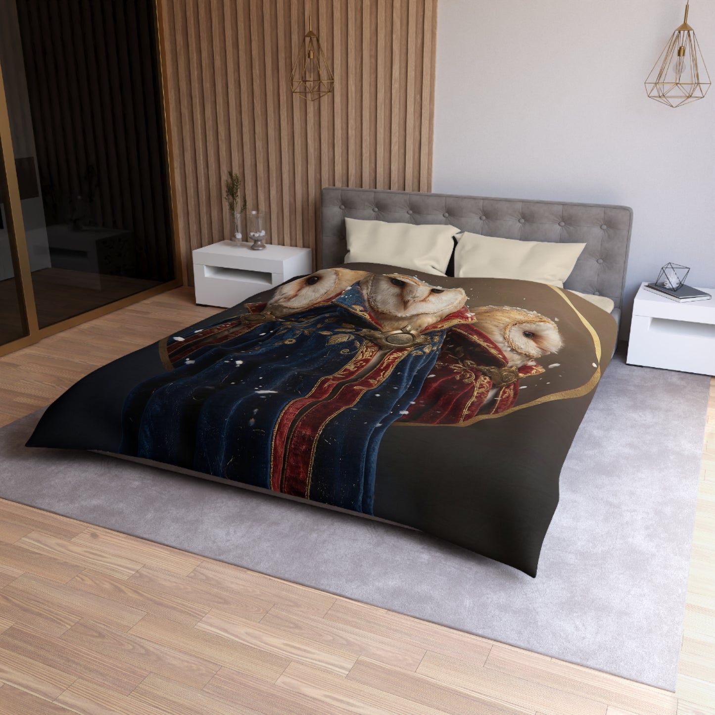Three Owls in Velvet Cloak Duvet Cover – Winter Courtiers of the Snow
