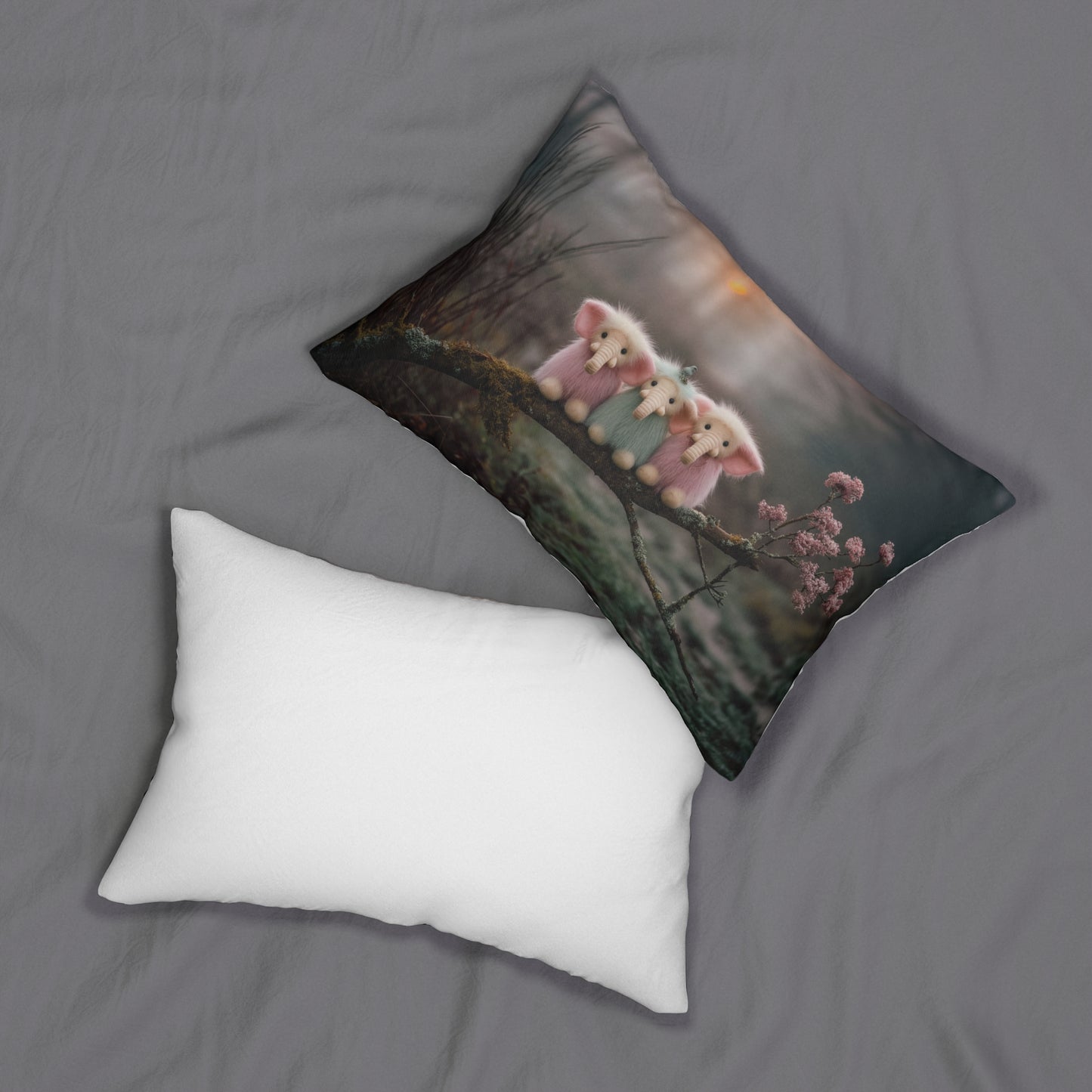 Three Tiny Elephants Lumbar Pillow – Mossy Branch Sunset Friends