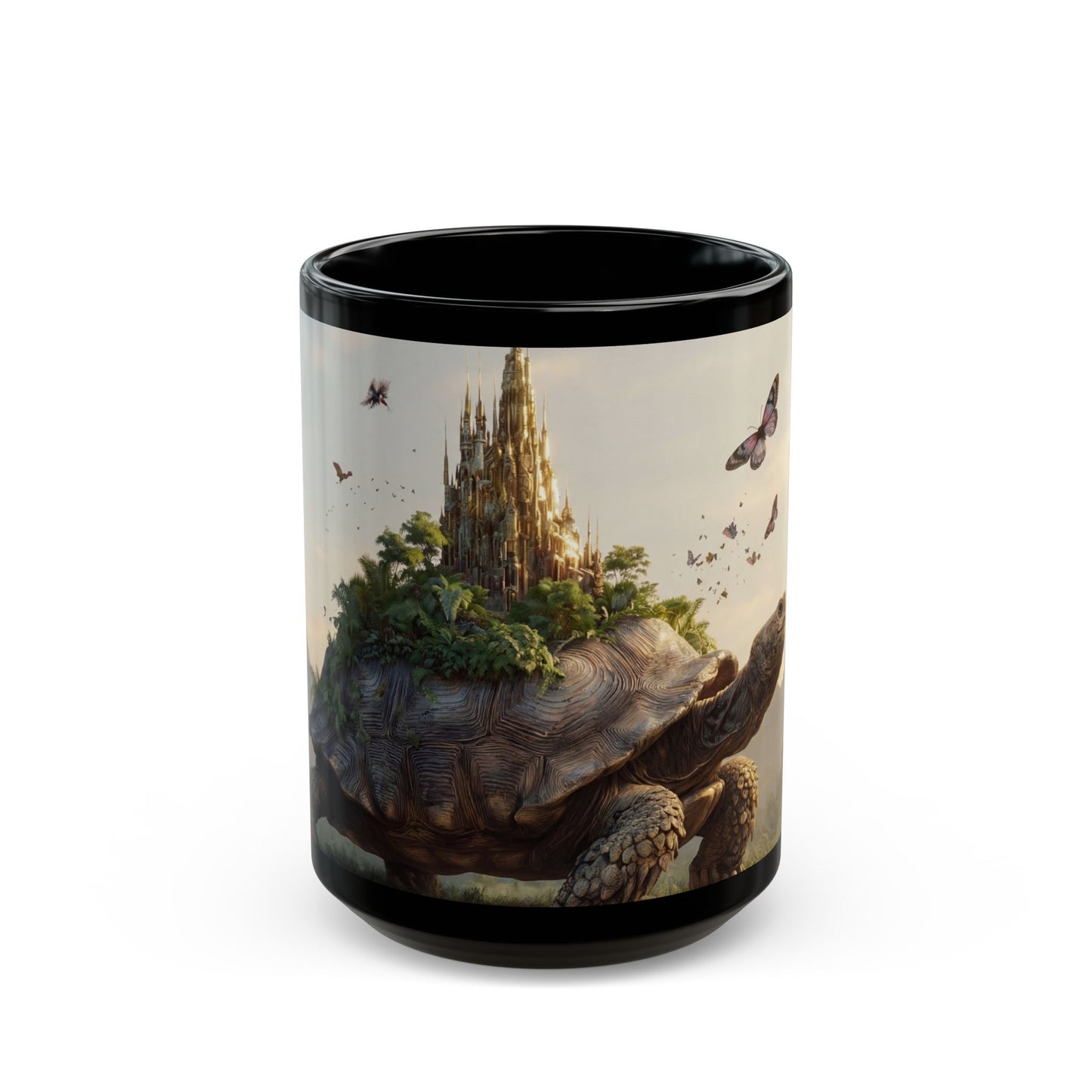 Castle on Turtle’s Back Black Mug – Sunlit Jungle Sanctuary