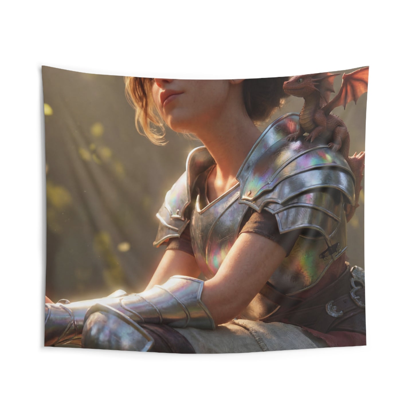 Elf Sentinel with Dragon Companion Indoor Wall Tapestries – Sunlit Forest Refuge