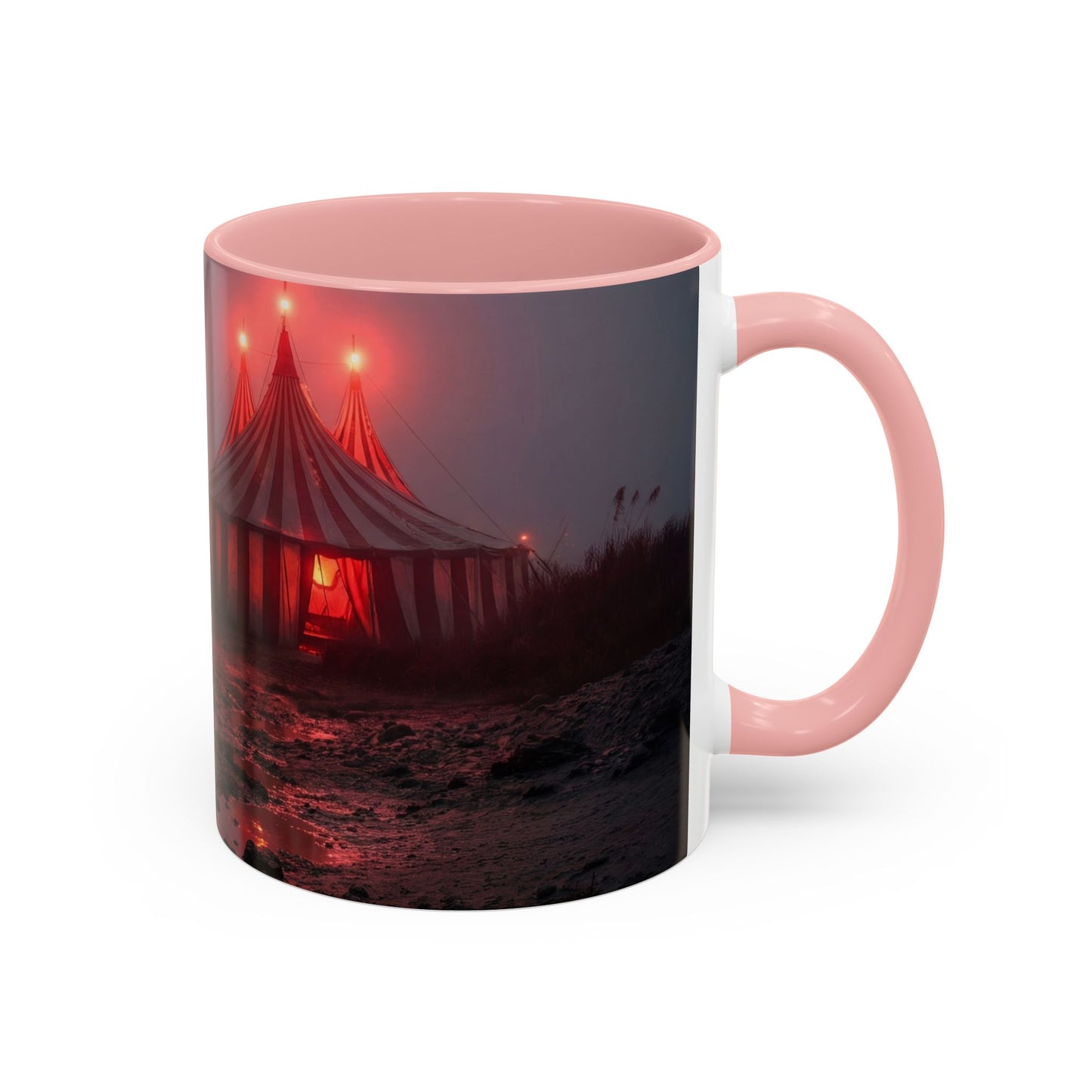 Crimson Circus Tent Accent Coffee Mug (11, 15oz) – Fog-Drenched Midnight Wonder