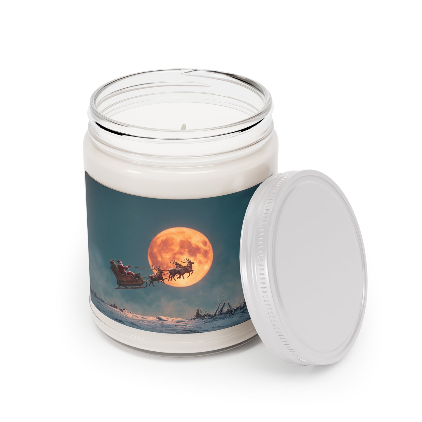 Lunar Reindeer Sleigh Scented Soy Candles with White Lid, 9oz – Midnight Santa’s Celestial Flight