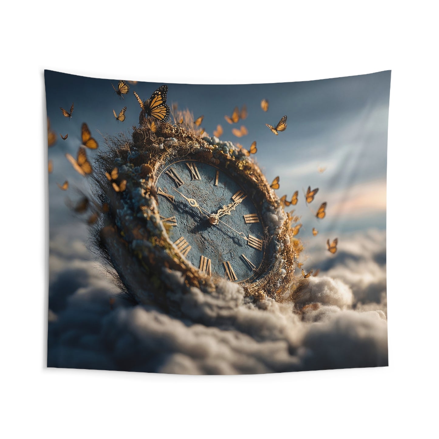 Monarch Clock Wall Tapestry – Timeless Wings Over Cloudscape