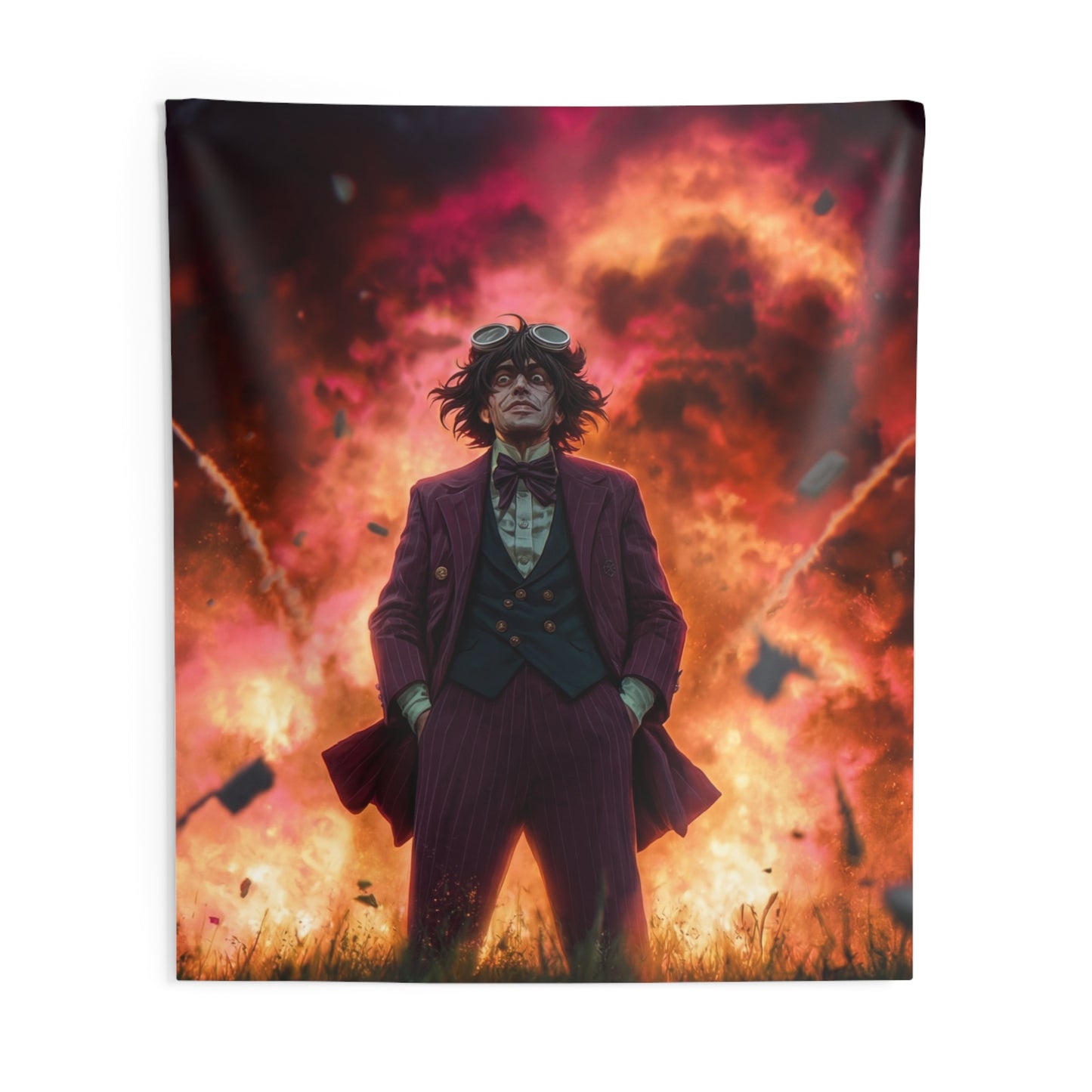 Goggles-Wearer Amidst Crimson Explosion Indoor Wall Tapestries – Calm in the Chaos