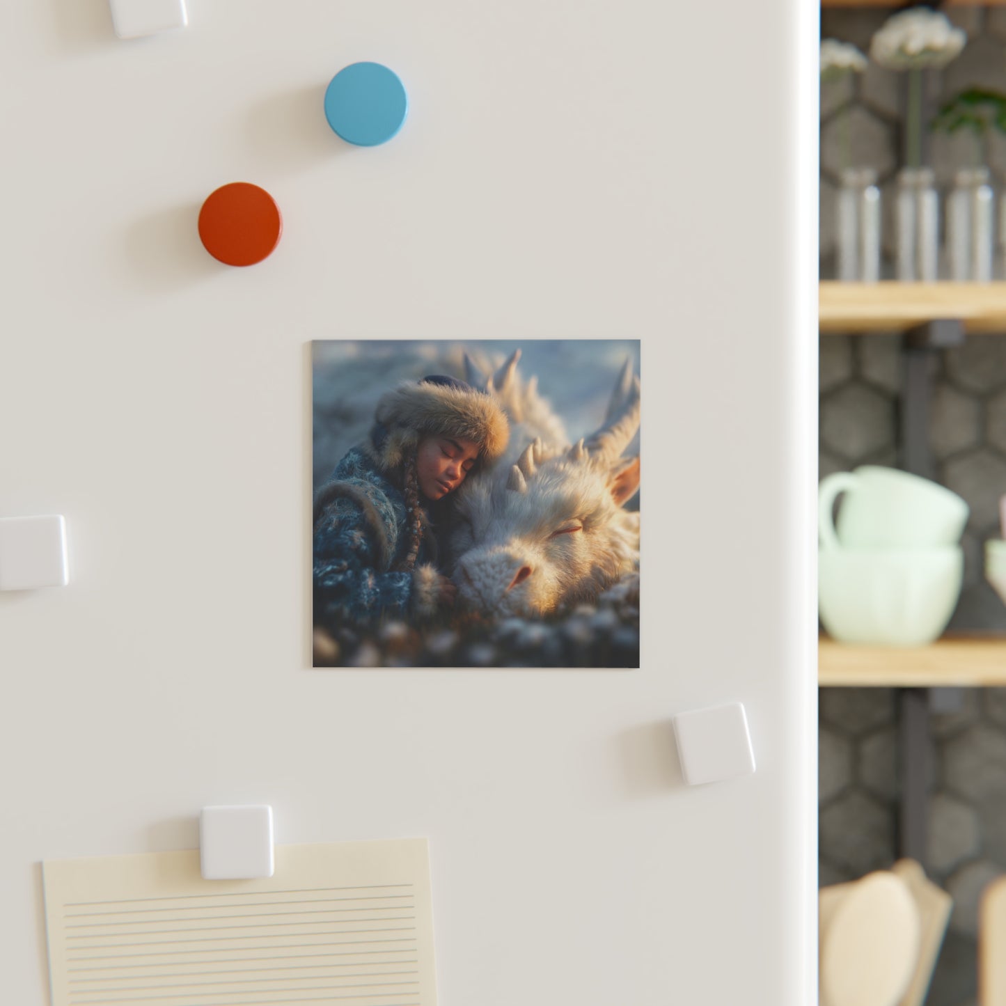 Snowbound Sentinel Square Magnet – Whispering Frost and Quiet Companionship