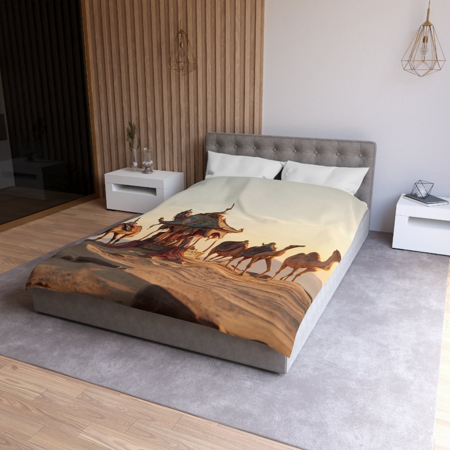 Desert Mirage Duvet Cover – Golden Dunes & Ornate Caravan
