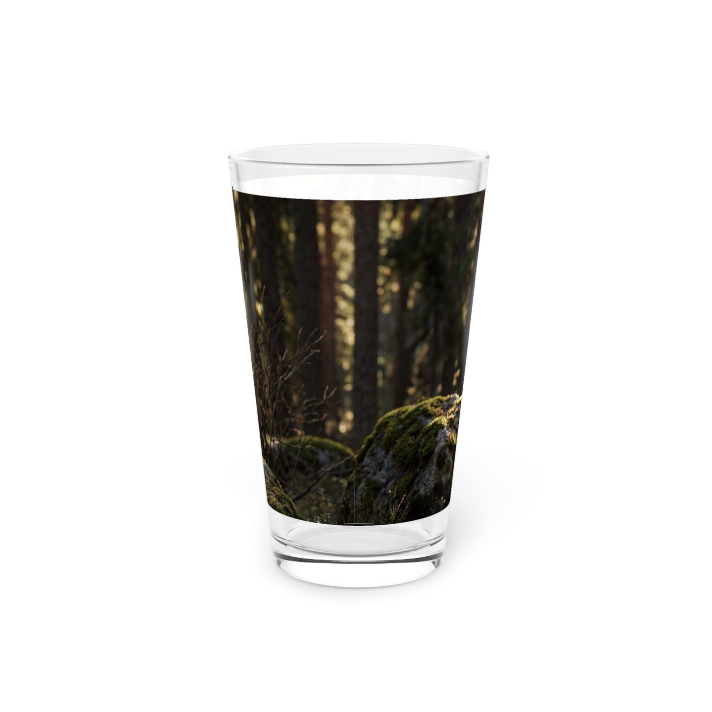 Dragon Wolf in Sunlit Grove Pint Glass – Guardian of the Mossy Stones