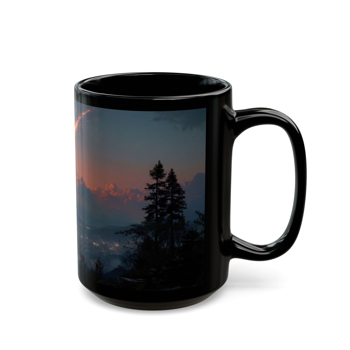 Celestial Fireball Black Mug – Twilight Skyfall Over Mountain Vale