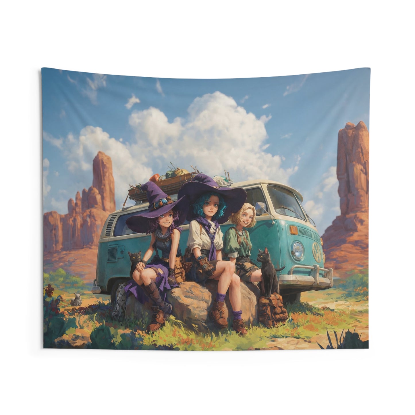 Witch Trio Van Adventure Indoor Wall Tapestries – Sun-Kissed Southwest Odyssey