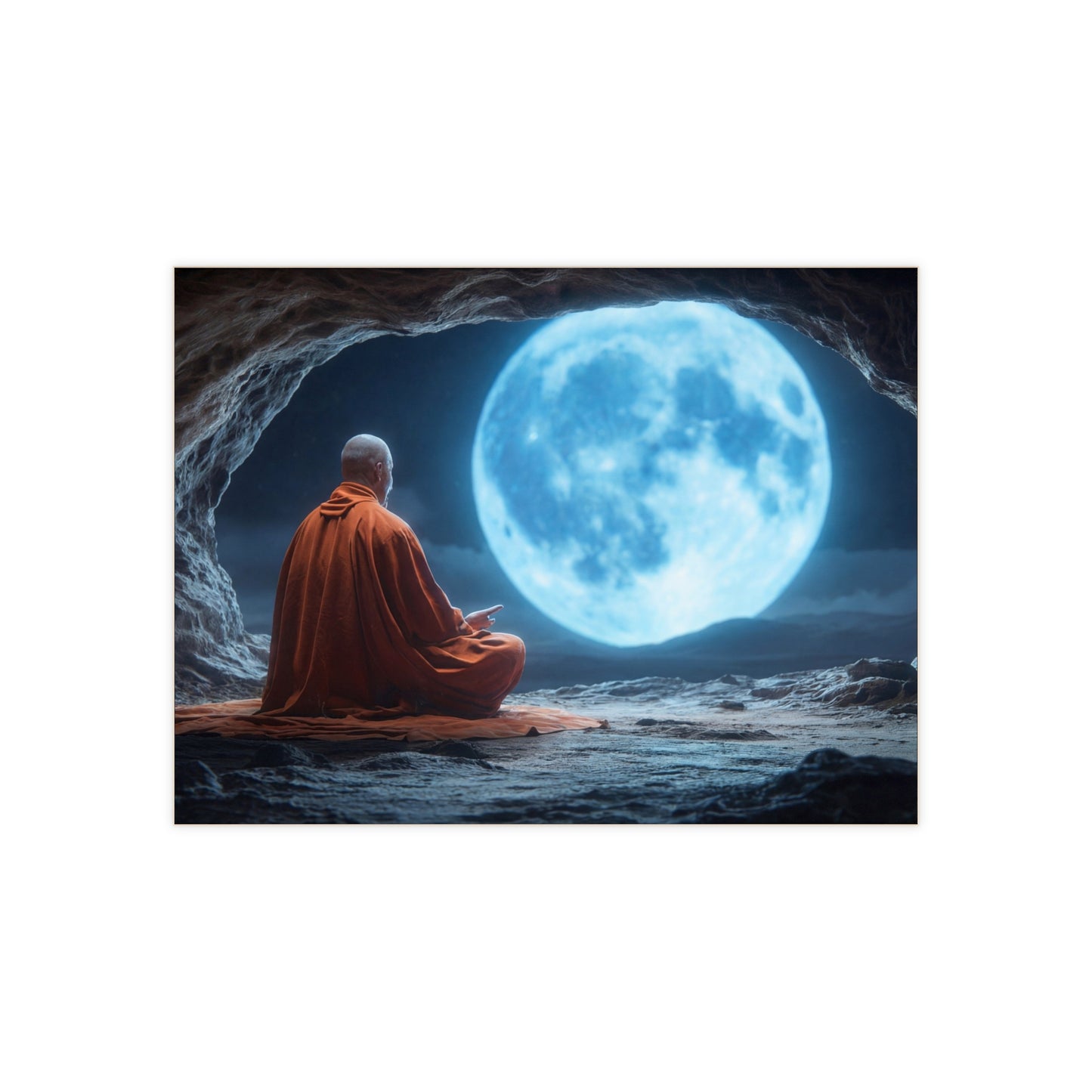 Monk Under Blue Moon Ceramic Photo Tile – Solitude in Stone