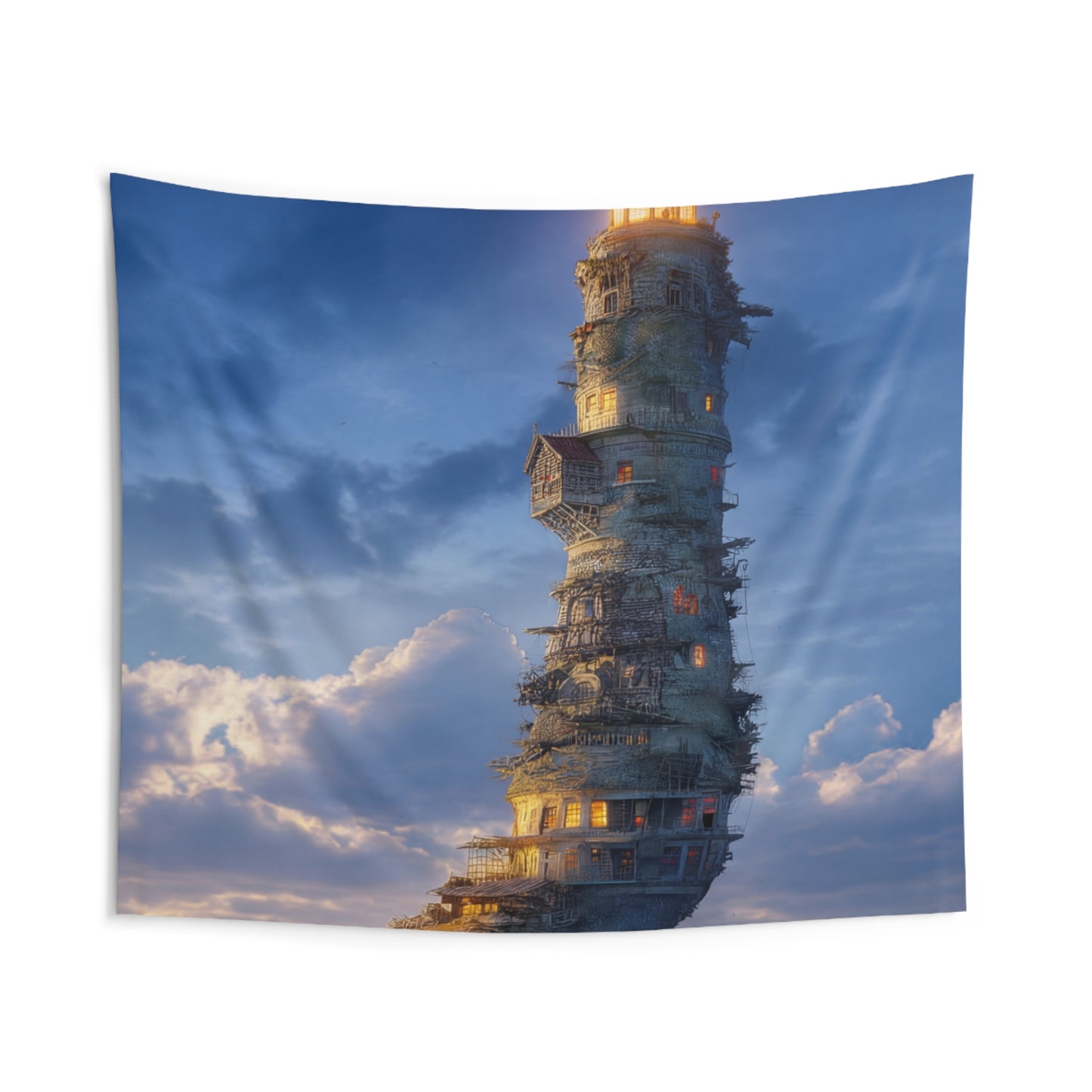 Skyborne Lighthouse Indoor Wall Tapestries – Aetherial Beacon at Dusk