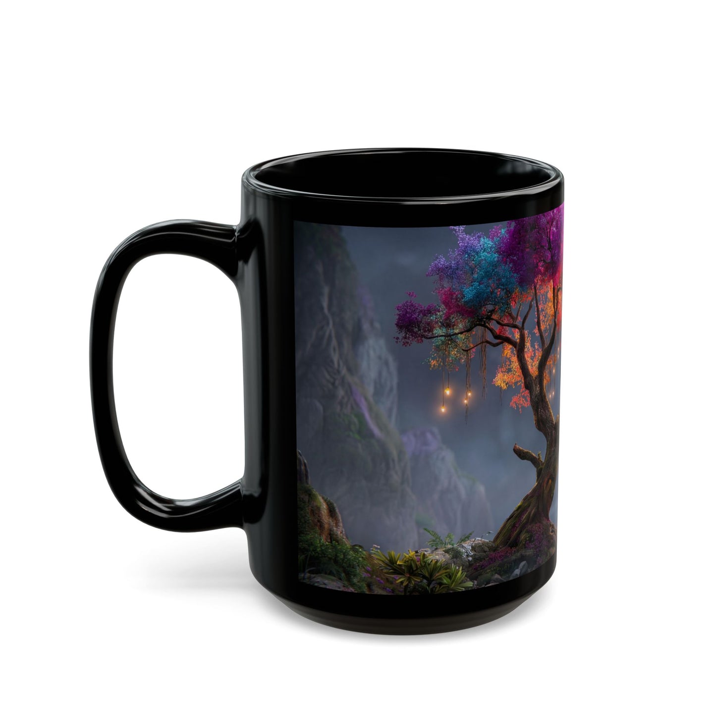 Chromatic Dream Tree Black Mug – Midnight Bloom & Lantern Glow