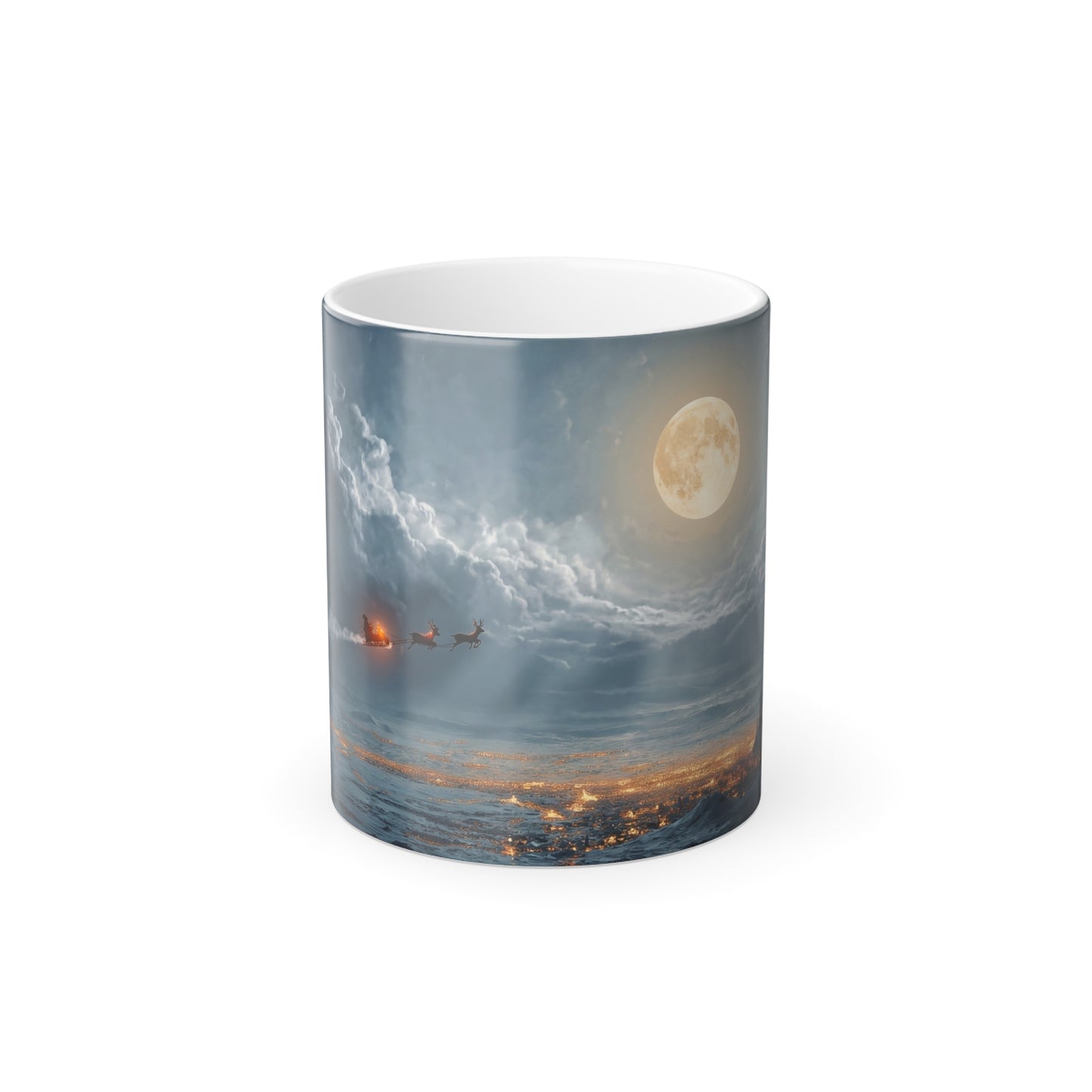 Winter Moonlight Sleigh Color Morphing Mug, 11oz – Reindeer Flying Over Snowy City