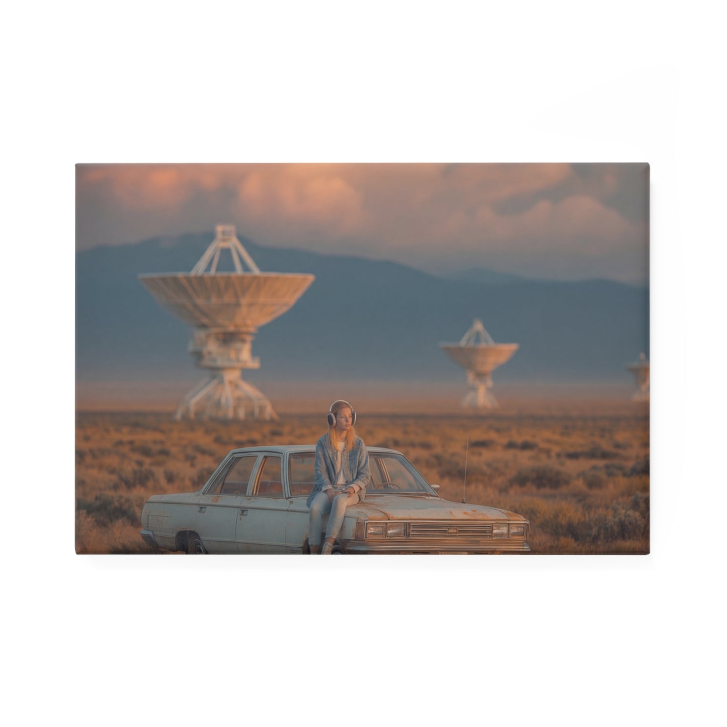 Desert Radio Astronomer Button Magnet, Rectangle (1 & 10 pcs) – Sunset Broadcast Under Giant Dishes