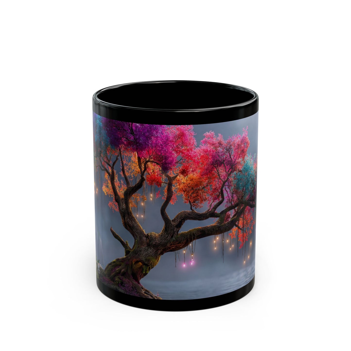 Chromatic Dream Tree Black Mug – Midnight Bloom & Lantern Glow